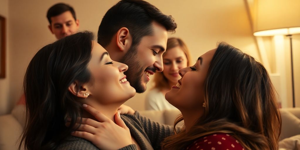 Couple with an observer in a cozy, intimate setting