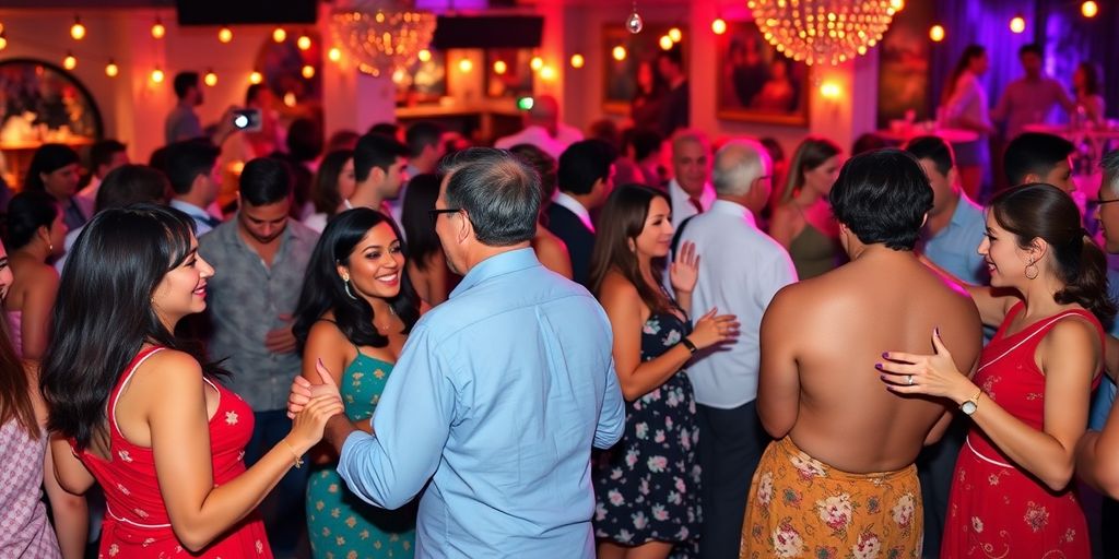 Couples dancing joyfully at a swinger party