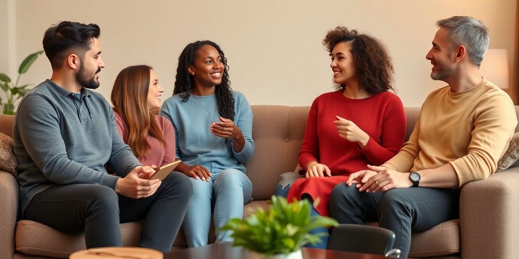 Couples discussing modern relationship dynamics in a cozy setting