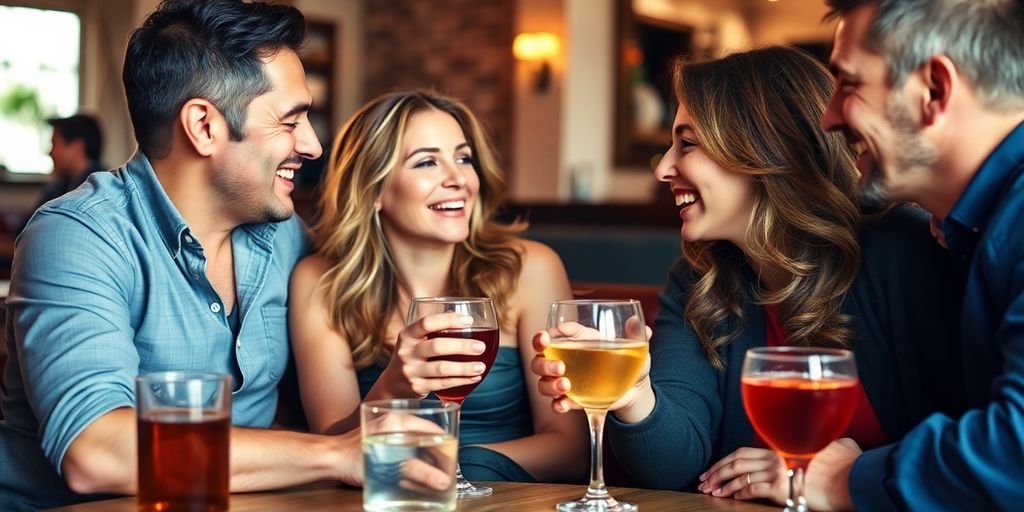 Couples engaging in conversation in a cozy setting