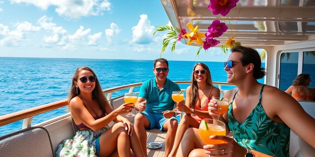 Couples enjoy drinks on a tropical swinger cruise deck