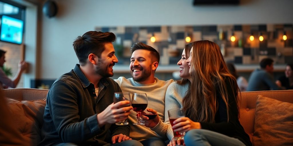 Couples enjoying a cozy, flirtatious conversation together