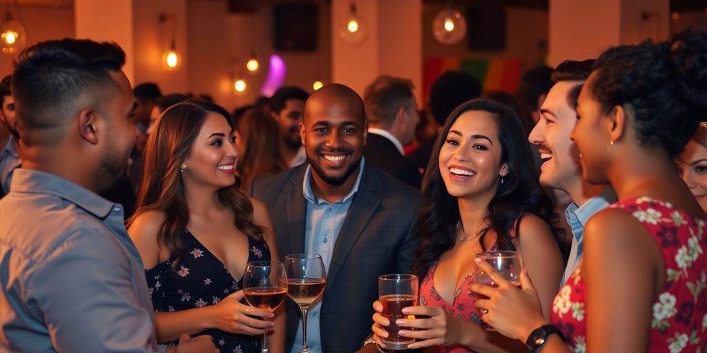 Couples enjoying a lively conversation at a gathering