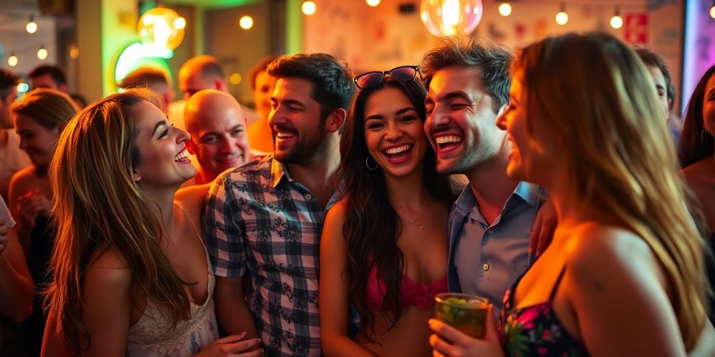 Couples enjoying a lively gathering in a warm setting