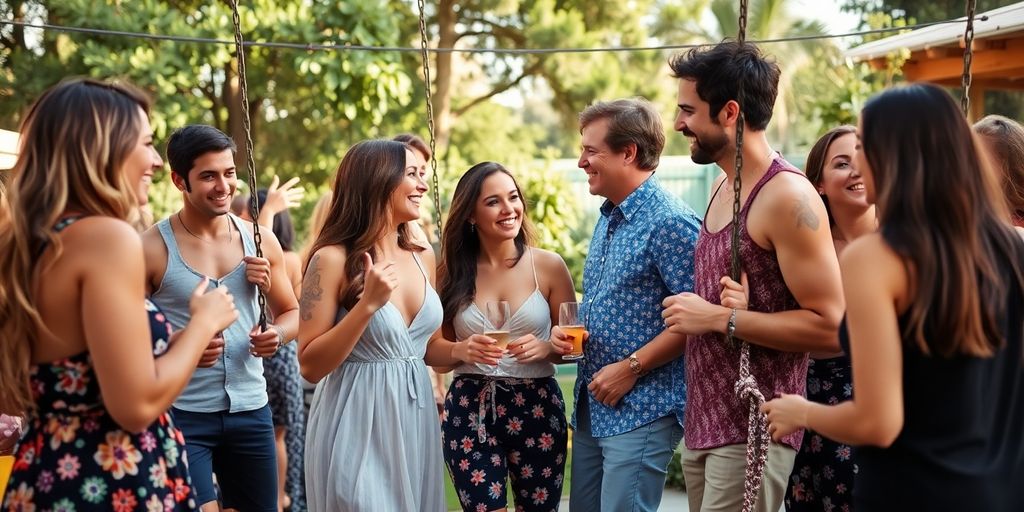 Couples enjoying a lively outdoor swinging party