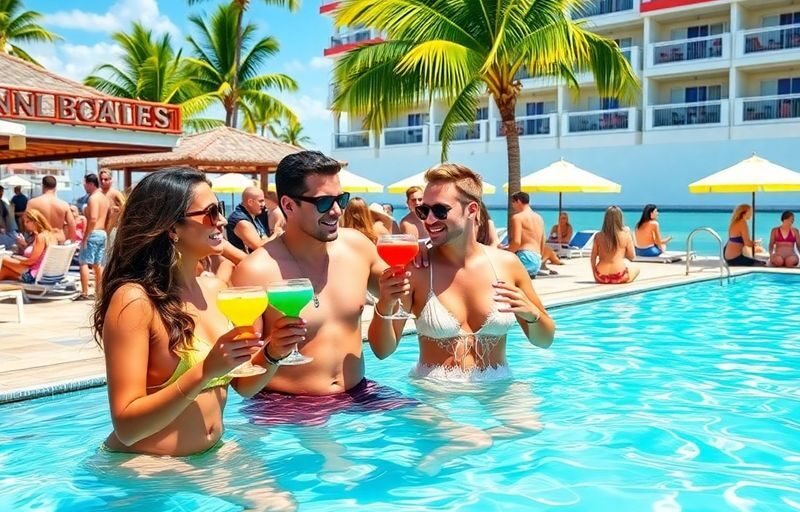 Couples enjoying a lively poolside party at a resort