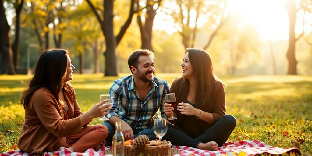 Couples enjoying a picnic in a sunny park