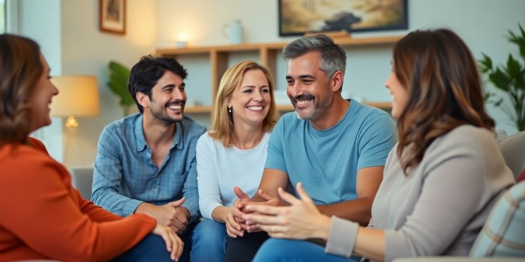 Couples enjoying a supportive gathering in a cozy room