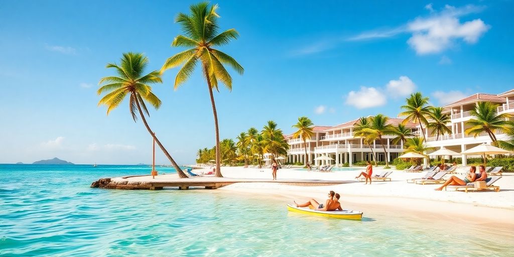 Couples enjoying a tropical beach resort atmosphere