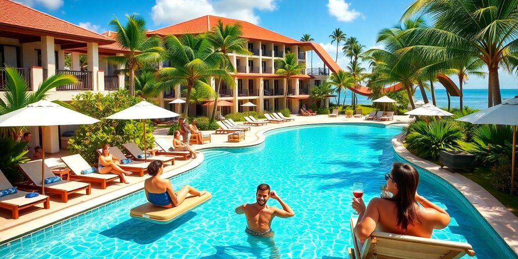 Couples enjoying a tropical resort vacation together