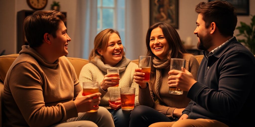 Couples enjoying drinks together in a cozy living room