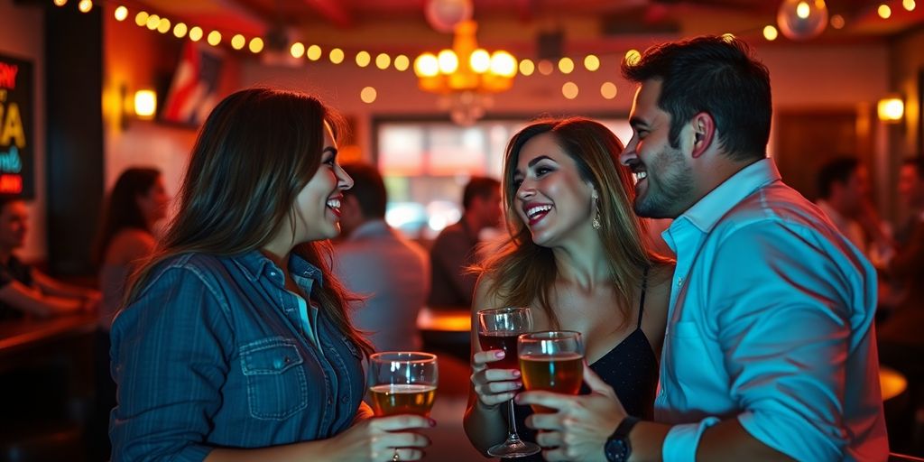 Couples flirting in a cozy bar setting