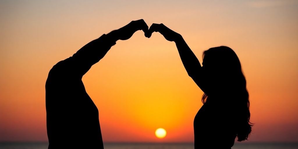 Couples holding hands in a heart shape at sunset