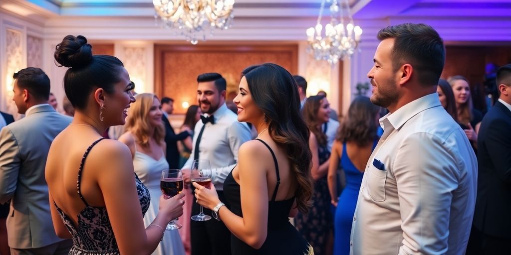 Couples in elegant attire at a lively social gathering