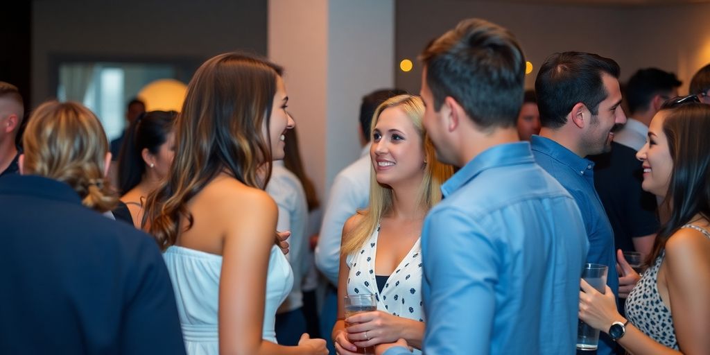 Couples interacting at a lively gathering
