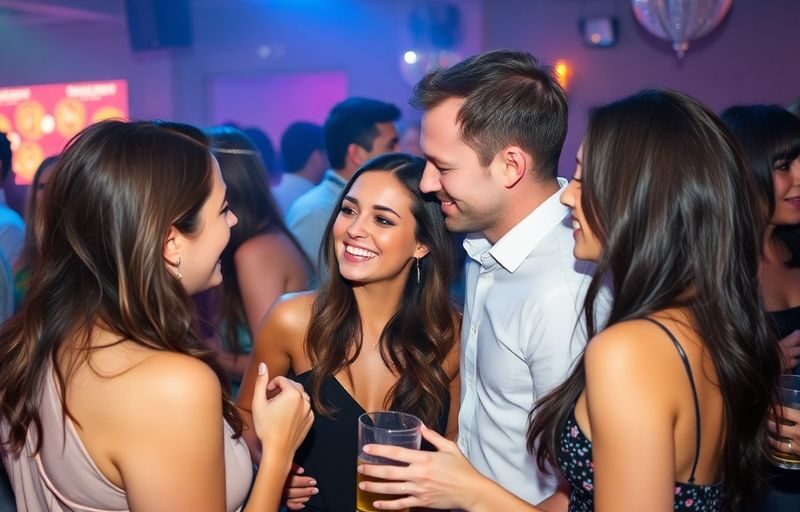 Couples interacting closely at a lively party scene