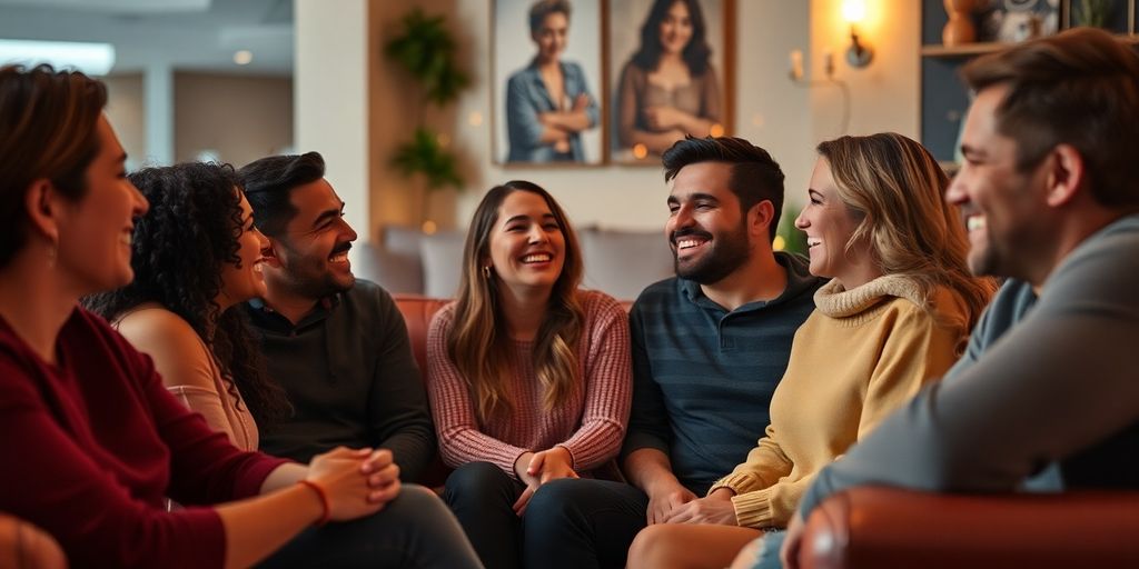 Couples interacting happily in a cozy gathering space