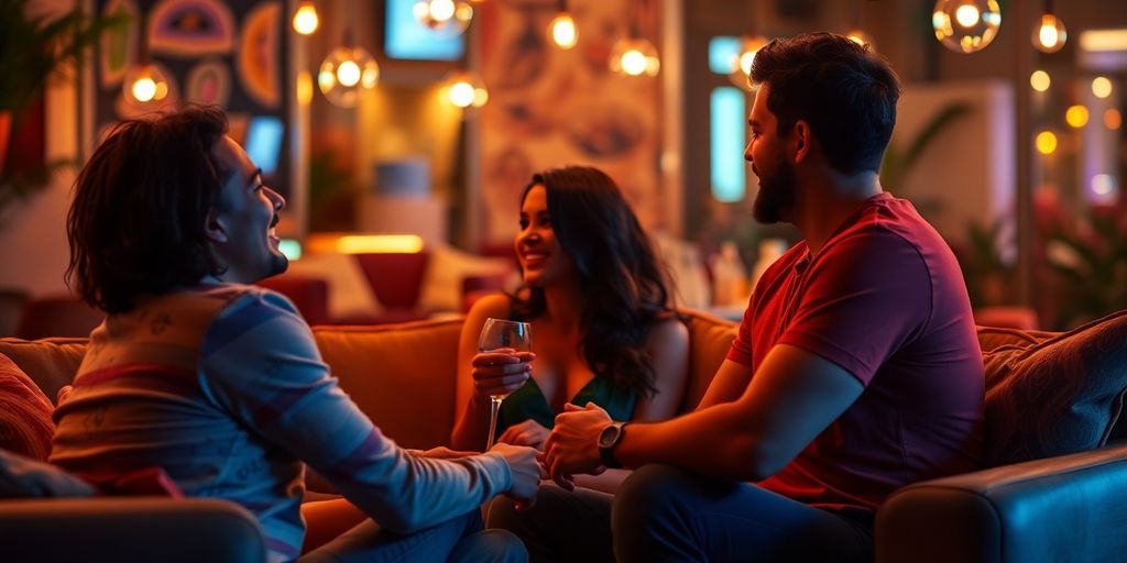 Couples interacting in a cozy and intimate environment.