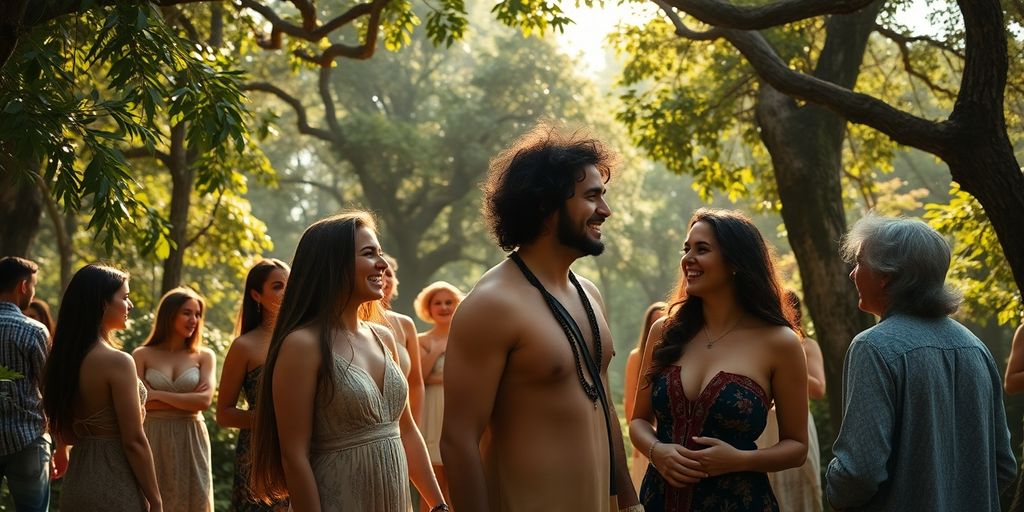 Couples interacting in an ancient, lush outdoor setting