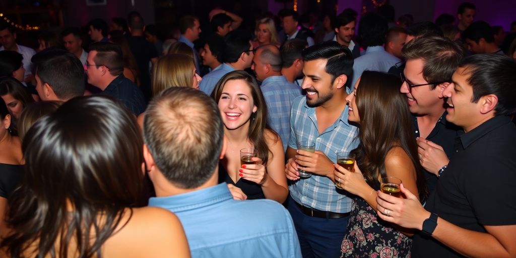 Couples interacting playfully at a lively party scene