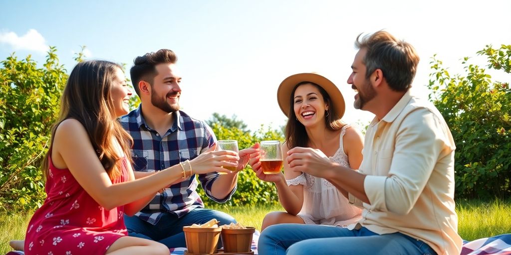 Couples laughing and enjoying a picnic while switching partners