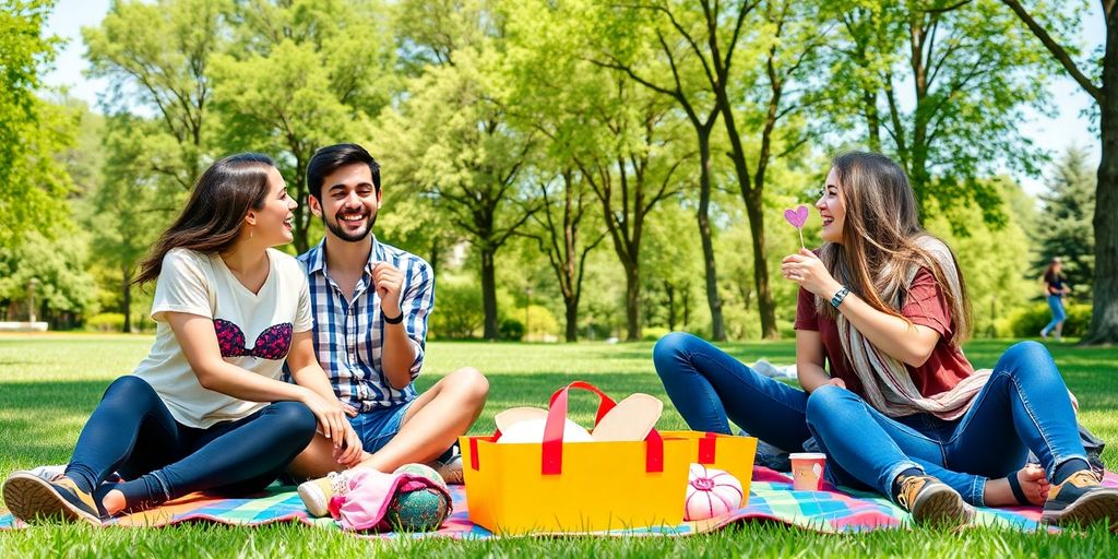 Couples laughing and swapping partners in a park