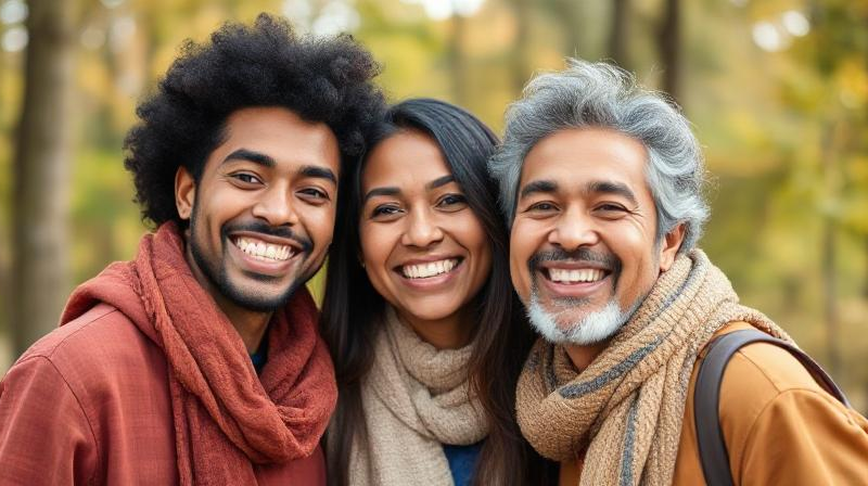 Couples of different ethnicities smiling in nature