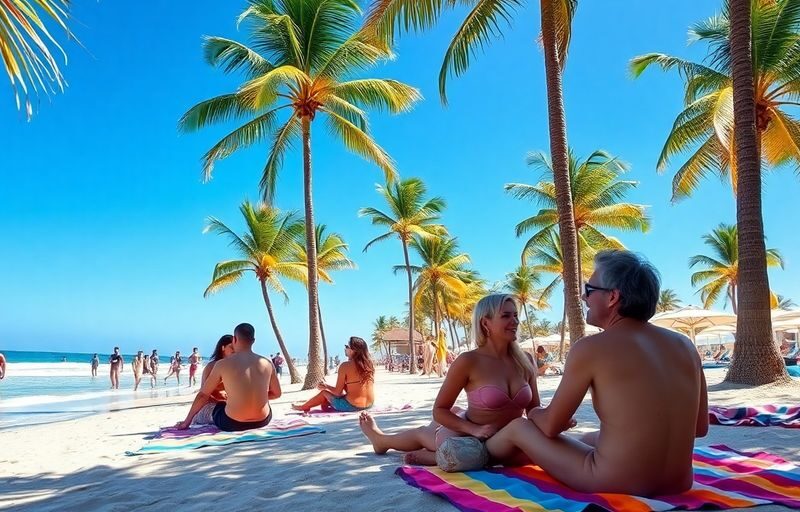 Couples relaxing at a tropical swinger resort beach