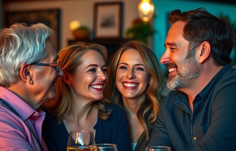 Couples sharing laughter and connection at a social gathering