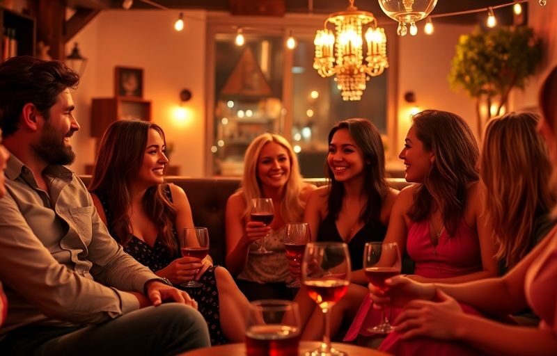 Couples socializing in a cozy, intimate setting