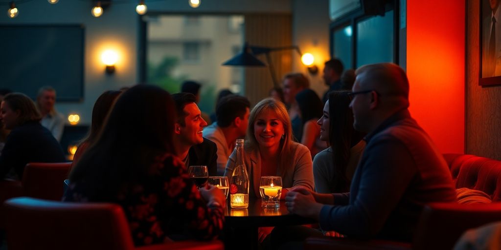 Couples socializing in a cozy lounge atmosphere