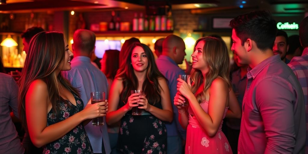 Couples socializing in a lively, flirtatious atmosphere