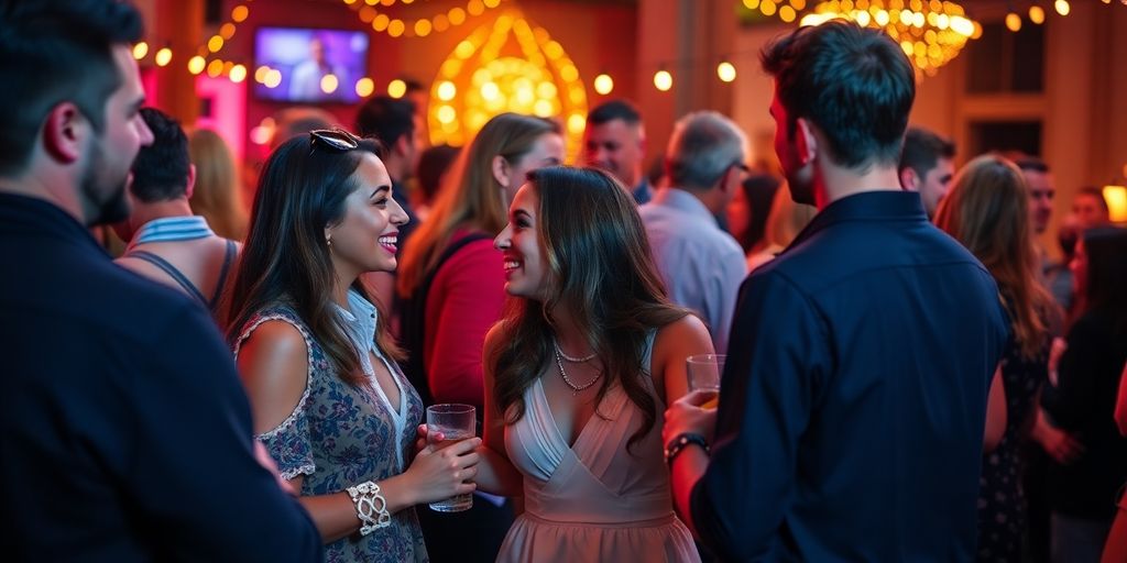 Couples socializing in a lively, intimate gathering setting