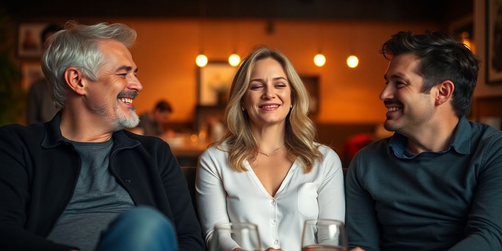 Couples talking together in a cozy, intimate setting