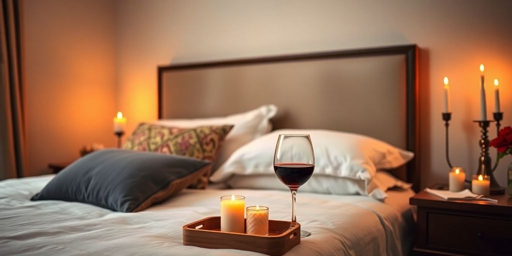 Cozy bedroom with wine glasses and inviting decor