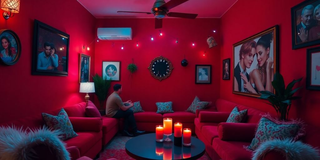 Cozy red room with plush furniture and soft lighting