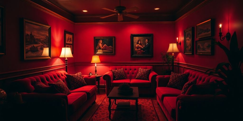 Cozy red room with plush furniture and soft lighting