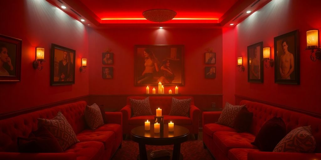 Cozy red room with soft lighting and plush seating
