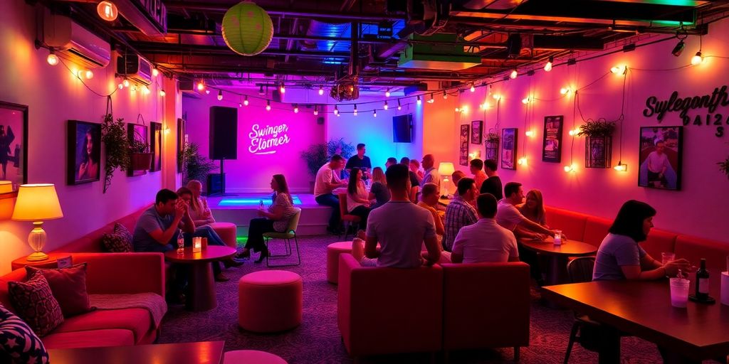 Cozy swinger party setting with inviting lighting and decor
