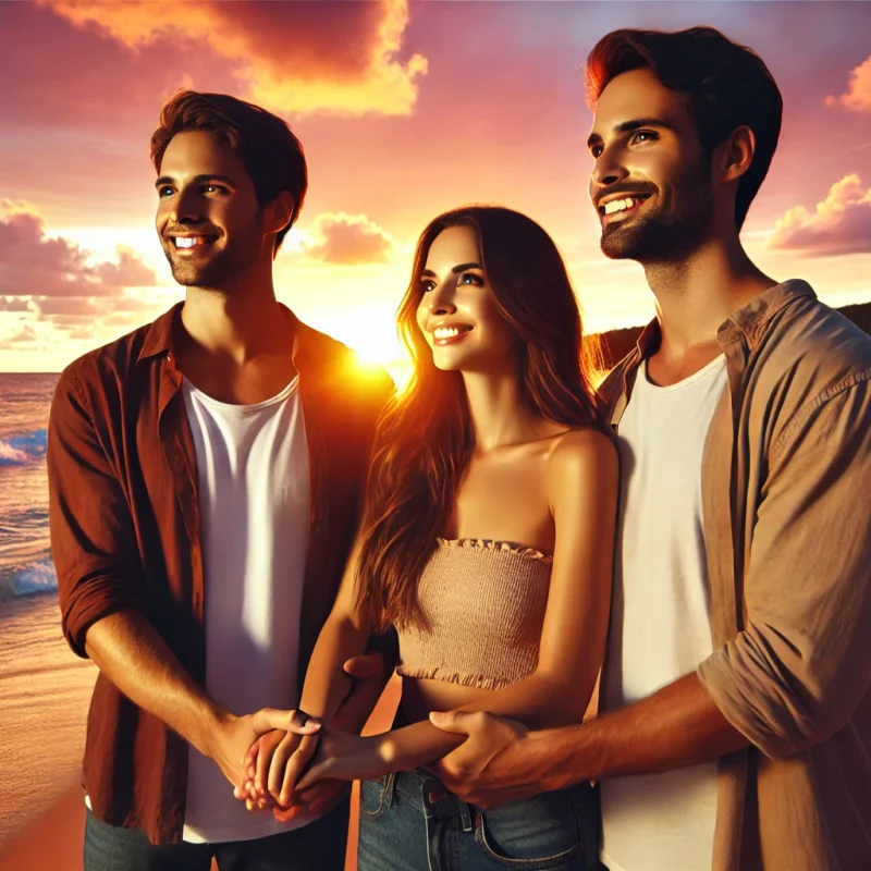 a happy couple with a third partner enjoying a beautiful sunset together
