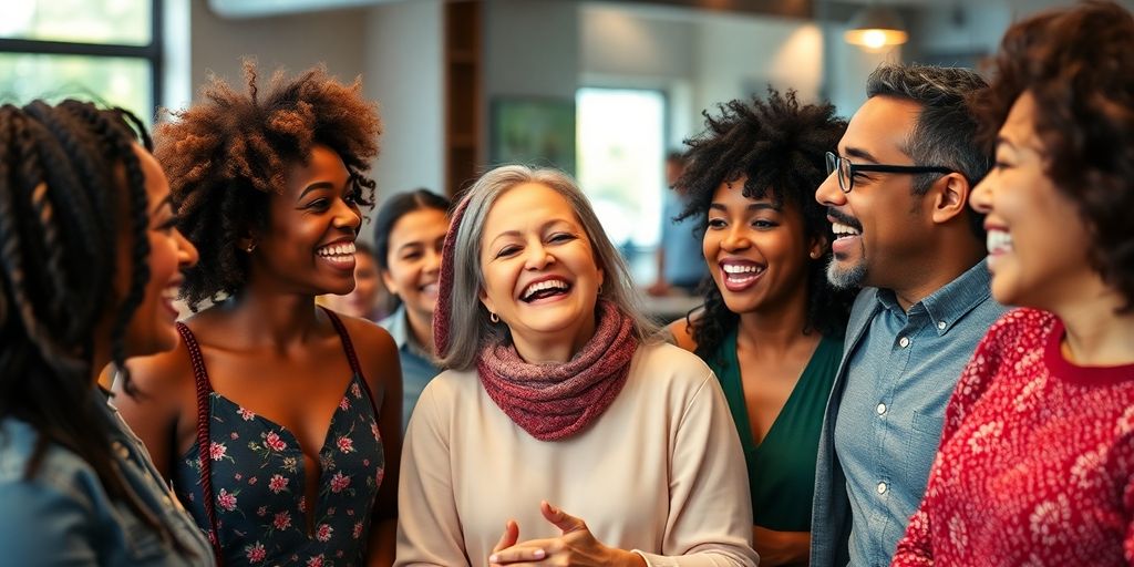 Diverse adults enjoying a conversation in a social setting