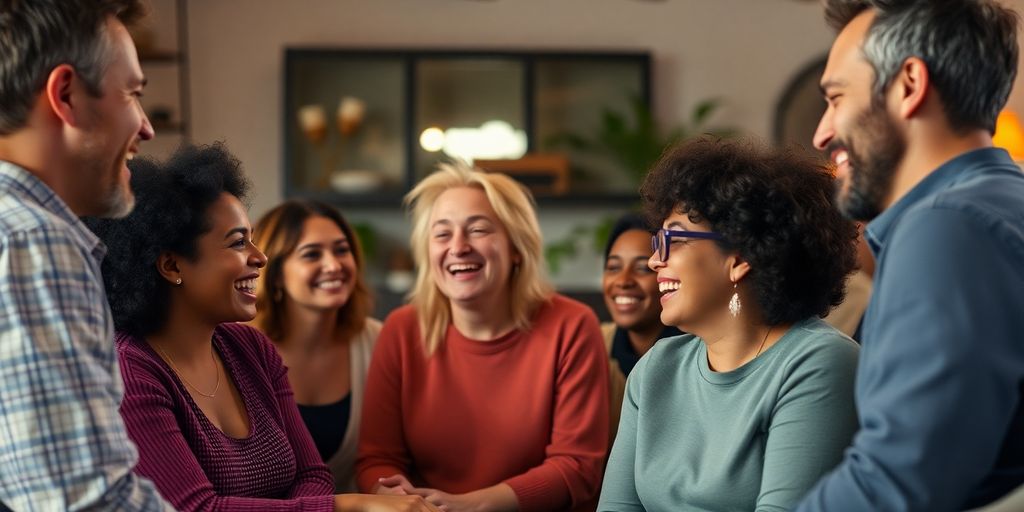 Diverse adults enjoying a friendly gathering together