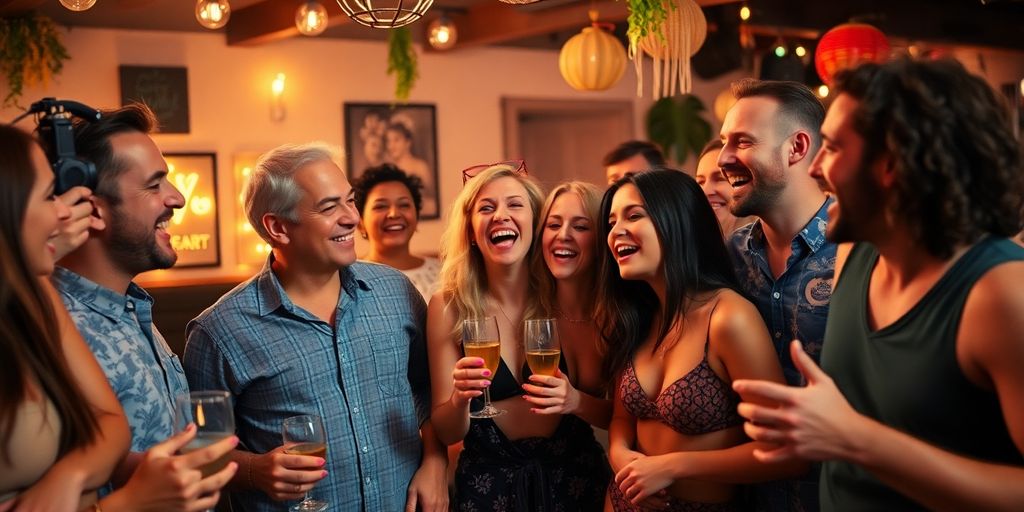 Diverse adults socializing and enjoying a playful atmosphere