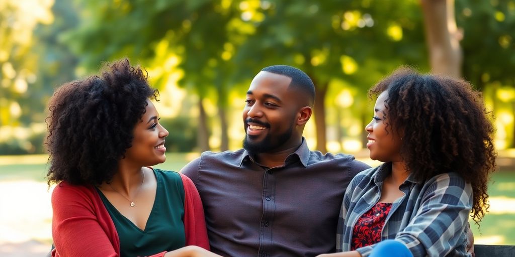 Diverse couple conversing in a sunlit park setting