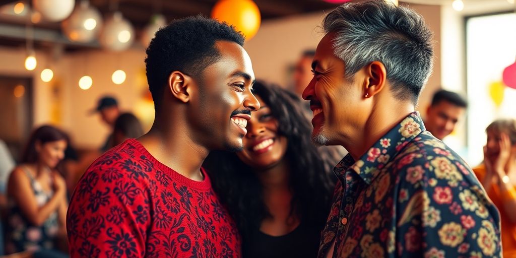 Diverse couple engaged in intimate conversation at a party