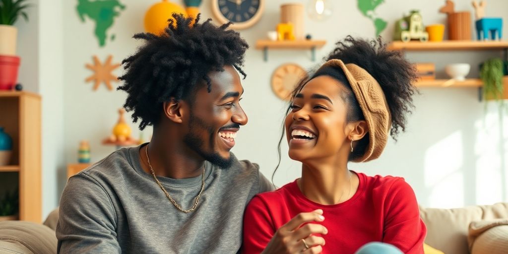 Diverse couple enjoying a playful moment together indoors
