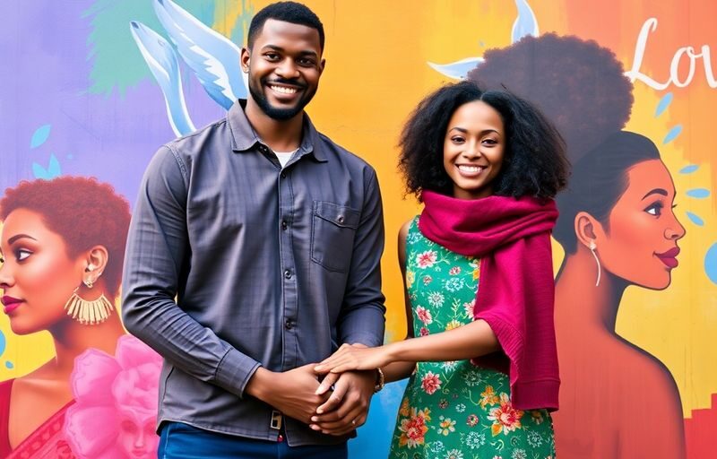 Diverse couple holding hands in a colorful setting