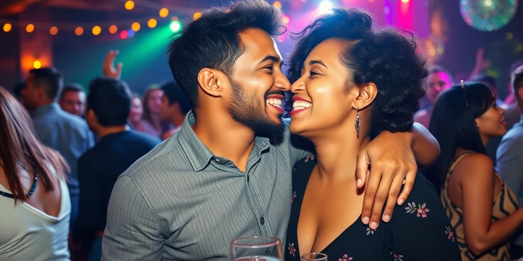 Diverse couple sharing a romantic moment at a party