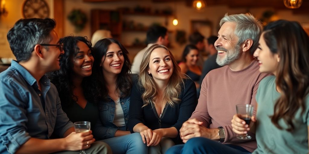 Diverse couples connecting in a cozy, inviting social setting.