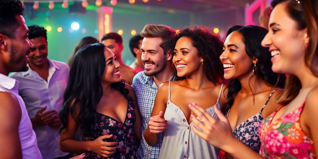 Diverse couples dancing at a lively swinger party